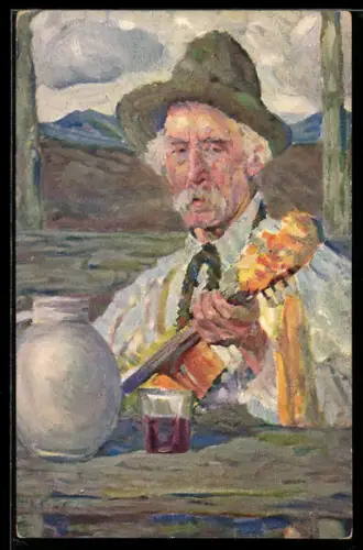 Künstler-AK Herbstlied, Bauer mit Gitarre