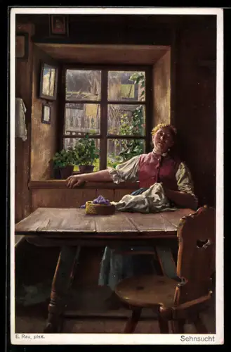 Künstler-AK sign. E. Rau: Sehnsucht, Mädchen in Tracht