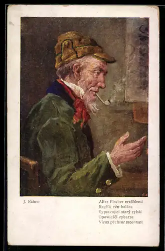 Künstler-AK Alter Fischer mit Pfeife erzählend