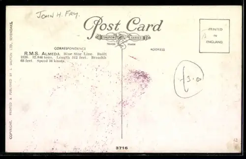 Künstler-AK R.M.S. Alameda der Blue Star Line in Bugansicht