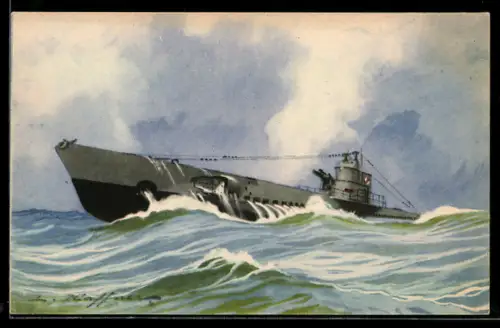 Künstler-AK U-Boot Ariane bei Fahrt in schwerer See