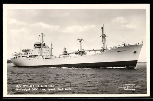 AK Schwedisches Frachtschiff MS Trojaland in Fahrt, Baujahr 1962, Handelsschiff