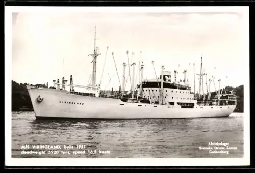AK Schwedisches Frachtschiff MS Vikingland der Svenska Orient Linie, Baujahr 1951, Handelsschiff
