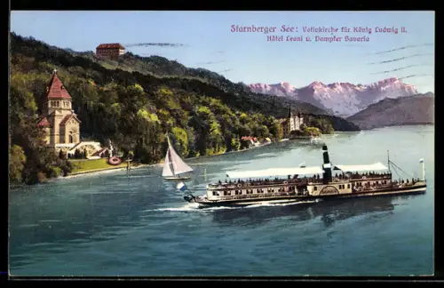 AK Dampfer Bavaria auf dem Starnberger See vor dem Hotel Leoni und der Votivkirche für König Ludwig II.