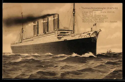 AK Turbinen-Schnelldampfer Imperator der Hapag auf hoher See, Passagierschiff
