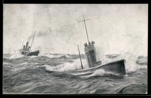 AK Deutsches U-Boot hat gegnerisches Schiff 1917 als Prise genommen
