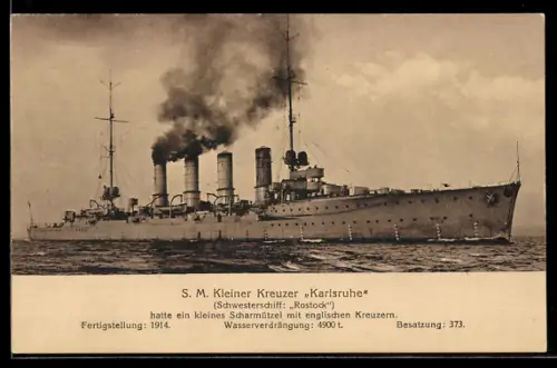 AK S.M. Kleiner Kreuzer Karlsruhe auf See, Kriegsschiff