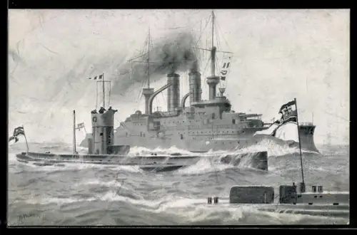 AK Deutsche U-Boote auf Patrouille, im Hintergrund Linienschiff, U-Boot-Spende 1917
