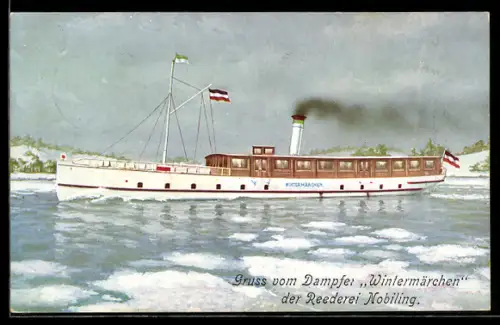 AK Dampfer Wintermärchen der Reederei Nobiling auf teils vereistem Fluss, Binnenschiff