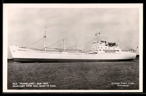 AK Schwedisches Frachtschiff MS Traneland der Svenska Orient Linie, Baujahr 1957, Handelsschiff