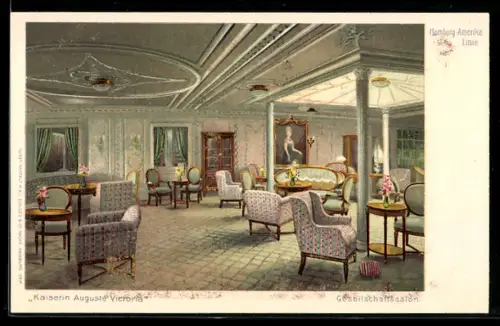 AK Passagierschiff Kaiserin Auguste Victoria der Hamburg-Amerika-Linie, Gesellschaftsraum, Innenansicht