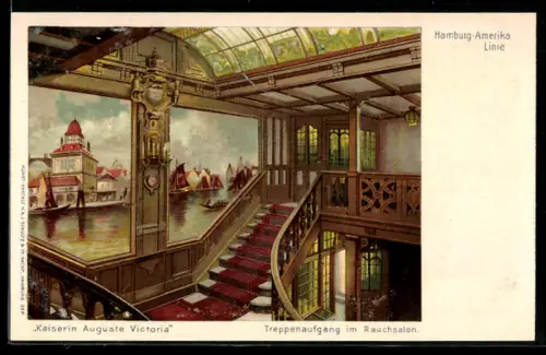 AK Dampfer Kaiserin Auguste Victoria der Hamburg-Amerika-Linie, Treppenaufgang im Rauchsalon