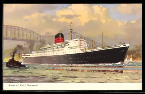 Künstler-AK Passagierschiff R.M.S. Saxonia der Cunard Line fährt unter Brücke hindurch