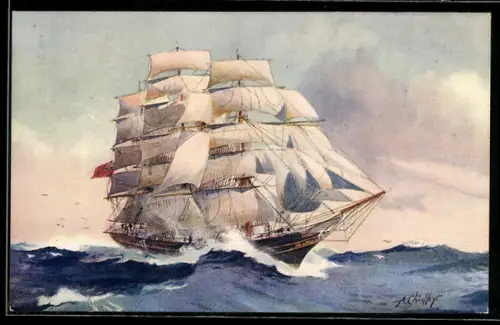Künstler-AK Klipper Cutty Sark unter vollen Segeln in schwerer See, Segelschiff