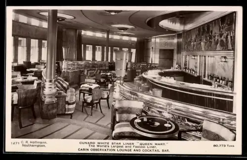 AK Passagierschiff R.M.S. Queen Mary, Cunard White Star, Cabin Observation Lounge and Cocktail Bar