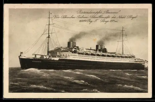 AK Riesendampfer Bremen auf See, Vier-Schrauben-Turbinen-Schnelldampfer des Nordd. Lloyd, Passagierschiff