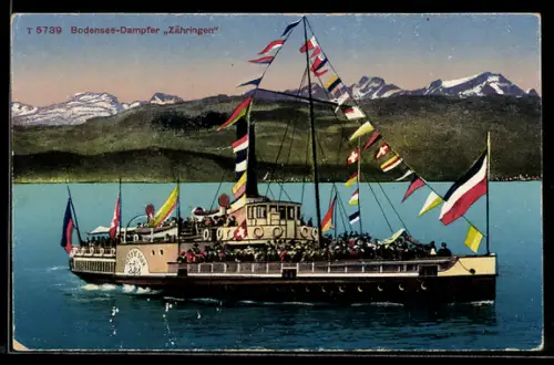AK Bodensee-Dampfer Zähringen vor der Küste mit Bergpanorama