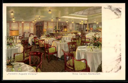 AK Passagierschiff Kaiserin Auguste Victoria der Hamburg-Amerika Linie, Innenansicht des Ritz`s Carlton-Restaurants