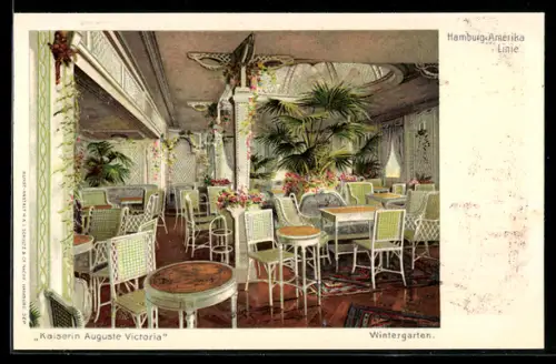AK Passagierschiff Kaiserin Auguste Victoria der Hamburg-Amerika Linie, Blick in den Wintergarten