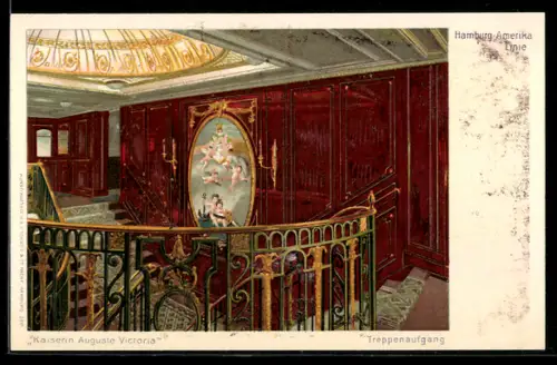 AK Dampfer Kaiserin Auguste Victoria der Hamburg-Amerika Linie, Treppenaufgang, Passagierschiff