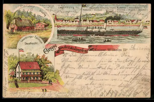 Lithographie Dampfer Kaiser Wilhelm II. der Dampfschiffs-Verbindung Hamburg-Gorleben auf der Elbe