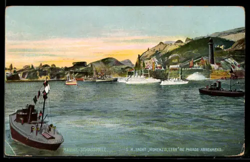 AK S.M. Yacht Hohenzollern die Parade abnehmend, Marine-Schauspiele, Kriegsschiff