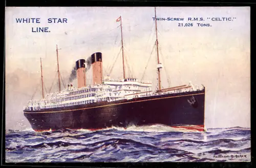 Künstler-AK Passagierschiff RMS Celtic der White Star Line in voller Fahrt