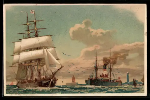 Lithographie Segelschiff und Dampfer vor der Hafeineinfahrt