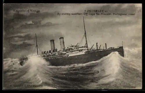AK Passenger ship Osterley by stormy weather off Cape Sn-Vincent, Passagierschiff