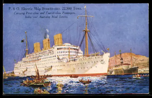Künstler-AK Passagierschiff Strathnaver der P. & O. mit Ruderbooten und weiterem Dampfer