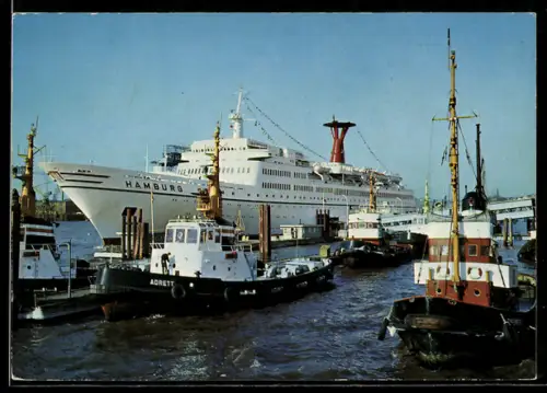 AK Hamburg, Turbinenschiff Hamburg an der Überseebrücke, Passagierschiff