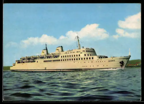 AK Eisenbahnfährschiff MS Sassnitz der Deutschen Reichsbahn in voller Fahrt