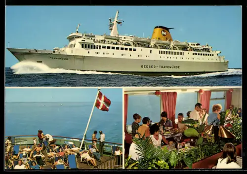 AK Passagierschiff M/F Travemünde in Fahrt, Decksaufnahme mit Passagieren