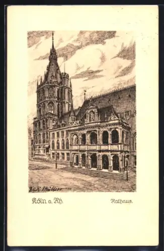 Künstler-AK Köln a. Rh., Rathaus mit Strassenpartie