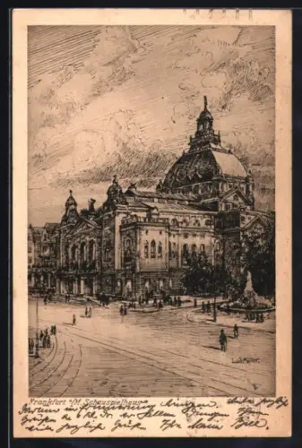 Künstler-AK Frankfurt a. M., Schauspielhaus mit Strassenpartie