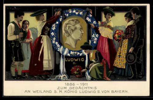 AK Frauen schmücken Gedenktafel König Ludwig II., Blumenkranz