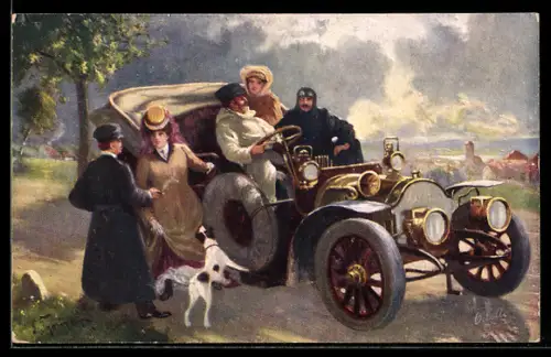 AK Ausfahrt im Auto, Kurze Rast auf der Strecke