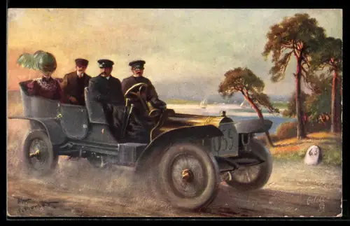 Künstler-AK Motoring, A good run, Auto auf Landstrasse