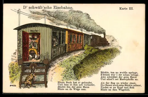 AK schwäb`sche Eisenbahn mit Passagieren in schwäbischer Tracht