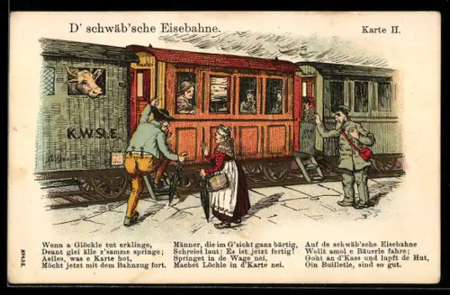 AK schwäb`sche Eisenbahn mit Passagieren in schwäbischer Tracht
