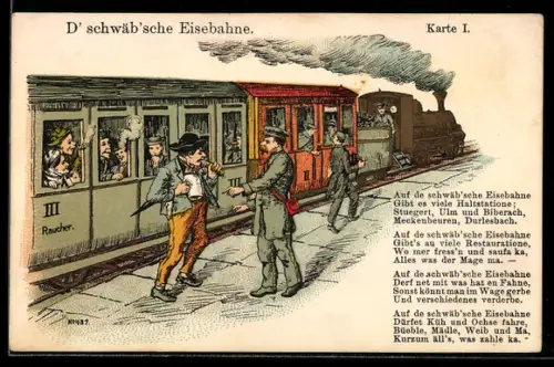 AK schwäb`sche Eisenbahn mit Passagieren in schwäbischer Tracht