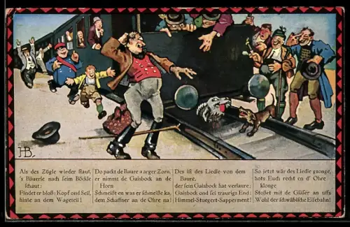 Künstler-AK Hans Boettcher: Auf de schwäbische Eisenbahne, Hohn & Spott für die überfahrene Ziege eines Bauers