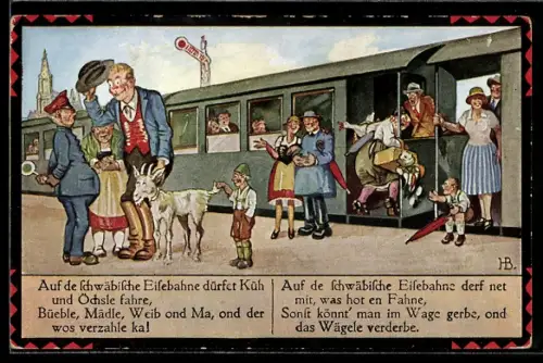 Künstler-AK Hans Boettcher: Auf de schwäbische Eisebahne!, Scherz, Ziege