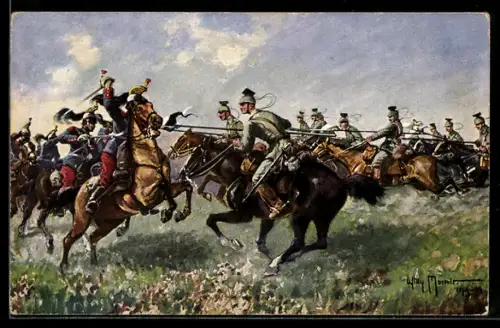 Künstler-AK Reiterattacke, deutsche Ulanen im Gefecht mit französischen Dragonern