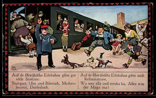 Künstler-AK Hans Boettcher: Die schwäbische Eisenbahn, Emsiges Treiben auf dem Bahnsteig