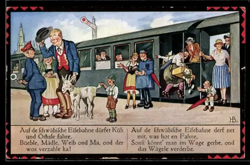 Künstler-AK Hans Boettcher: Auf de schwäbische Eisebahne!, Scherz, Ziege