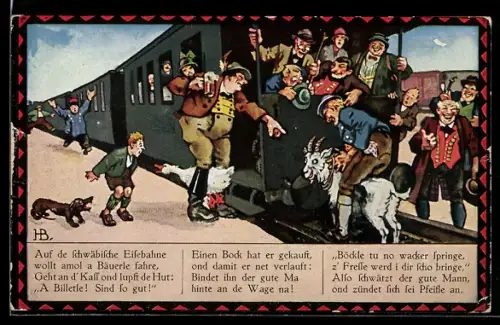 Künstler-AK Hans Boettcher: Auf de schwäbische Eisebahne, Männer binden Bock an Waggon