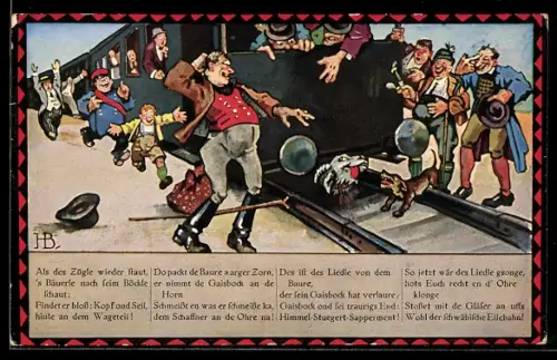 Künstler-AK Hans Boettcher: Menschen erfreuen sich am Anblick eines Ziegenkopfes, der von einem Hund angebellt wird
