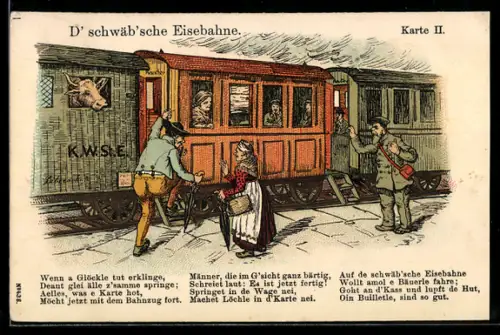 AK D` schwäb`sche Eise`bahne, Bauer steigt in den haltenden Zug, Spruch