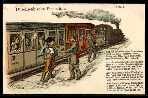 AK schwäb`sche Eisenbahn mit Passagieren in schwäbischer Tracht
